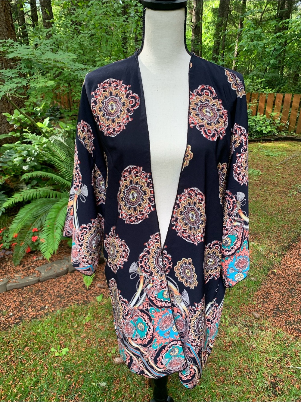 I JOAH Black Printed Open Front Kimono Cardigan with Teal & Coral Accents